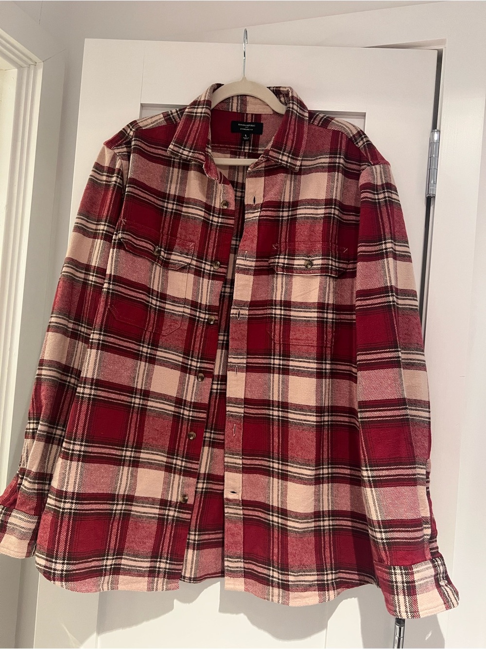 Banana Republic men’s burgundy Red and Cream Plaid Button-Down Shirt